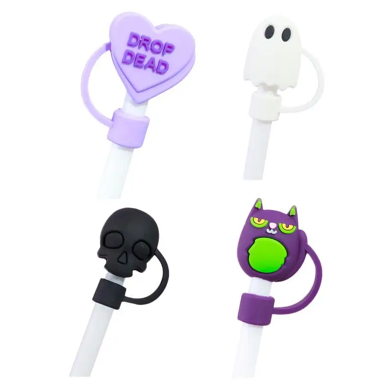 텀블러용 할로윈 빨대 토퍼, 재사용 가능한 음주 먼지 플러그 세트, 고양이 모양 유출 방지 커버, 만화 토퍼, 8mm, 4 개