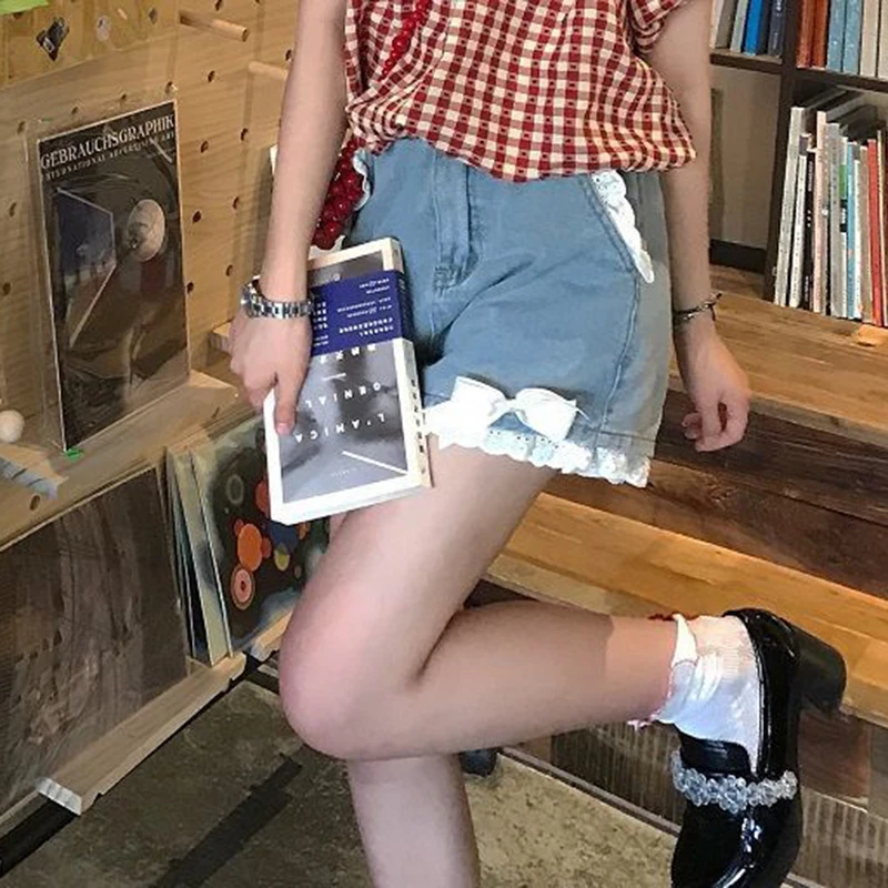 

Японские летние кружевные женские шорты Kawaii Bow, универсальные широкие брюки с высокой талией, повседневные модные милые свежие простые однотонные шорты, новые