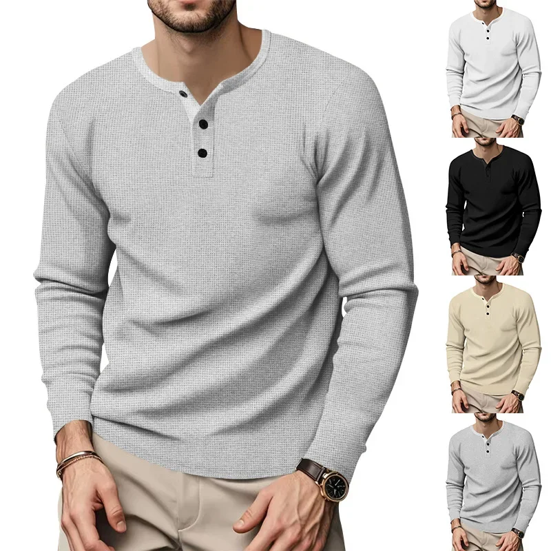 Men's Autumn New Long-sleeved Home Travel Henry Collar Button-down Long-sleeved Waffle Casual Sports Bottoming Shirt