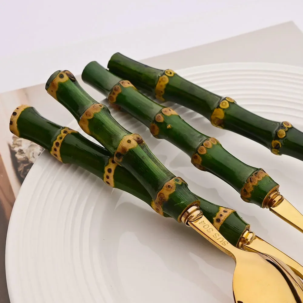 5Pcs Natural Green Bamboo Handle Cutlery Set 304 Stainless Steel Tableware Set Knife Fork Spoon Dinnerware Kitchen Flatware