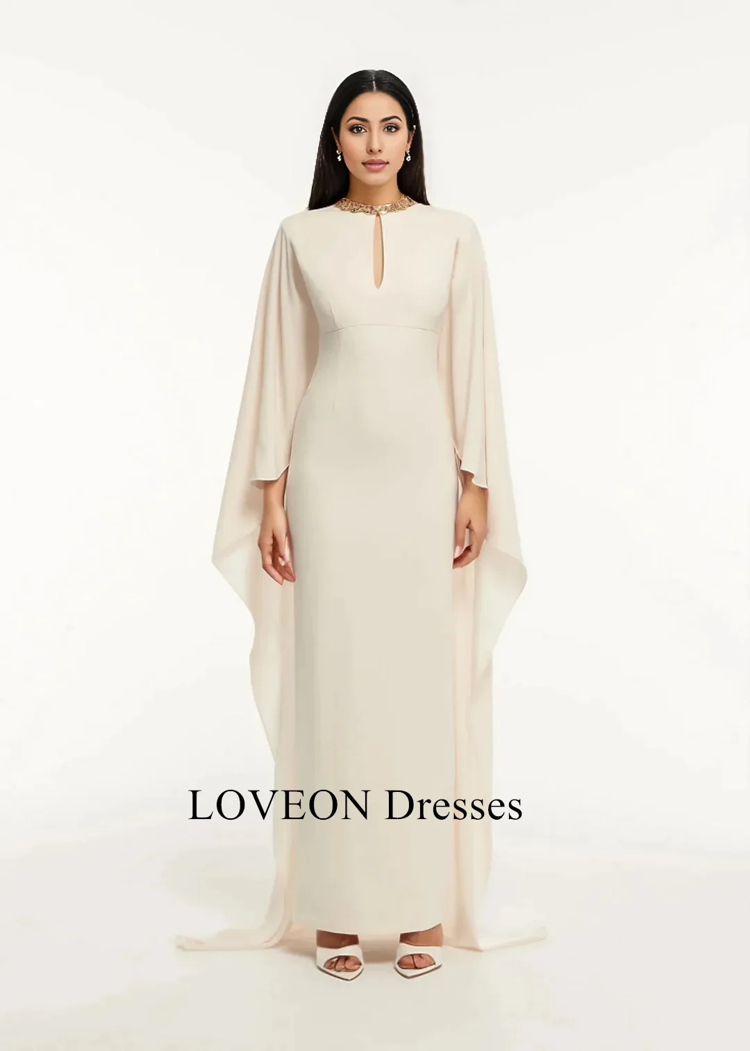 

Beige Simple Dubai Prom Dress With Cape Sleeves Formal Dress A-Line Prom Party Evening Gowns for Women Formal Bridesmaid Dress