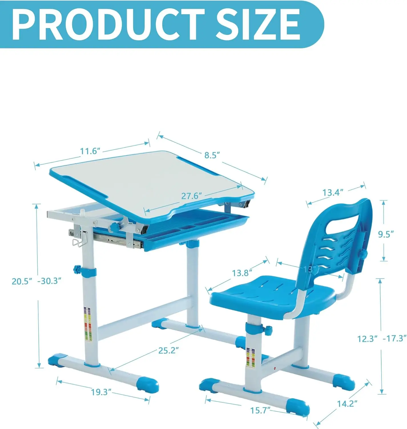 Kids  Desk and Chair Set, Height Adjustable Children School Study Desk with Large Tilt Desktop, Metal Hook