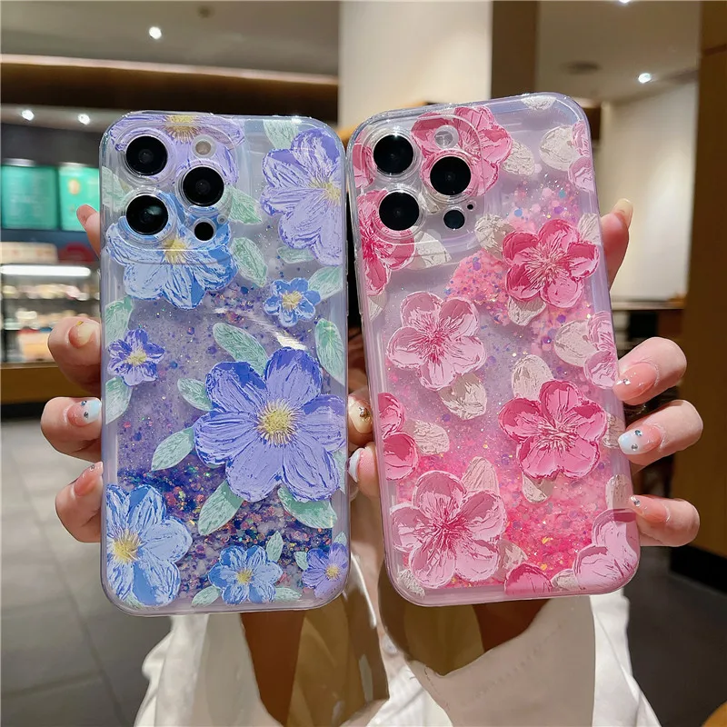 

Luminous Liquid Glitter Quicksand Case For Samsung Galaxy A12 A13 A04S A14 A22 A32 A33 A51 A53 M12 F12 M13 M32 Flower Soft Cover