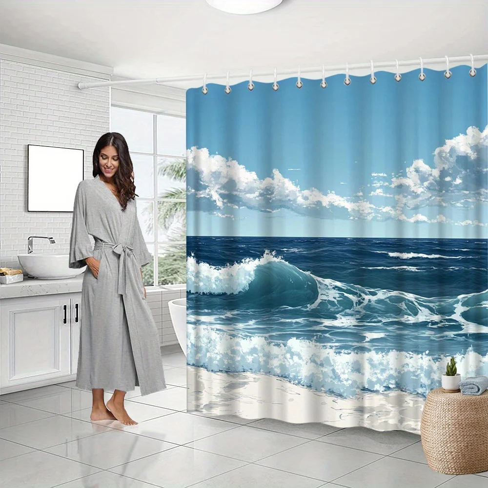 

1 шт. Занавеска для душа Ocean Waves - Vast Blue Sea с катящими волнами и песчаным пляжем, полиэфирная ткань для ванны и ванной комнаты, деко