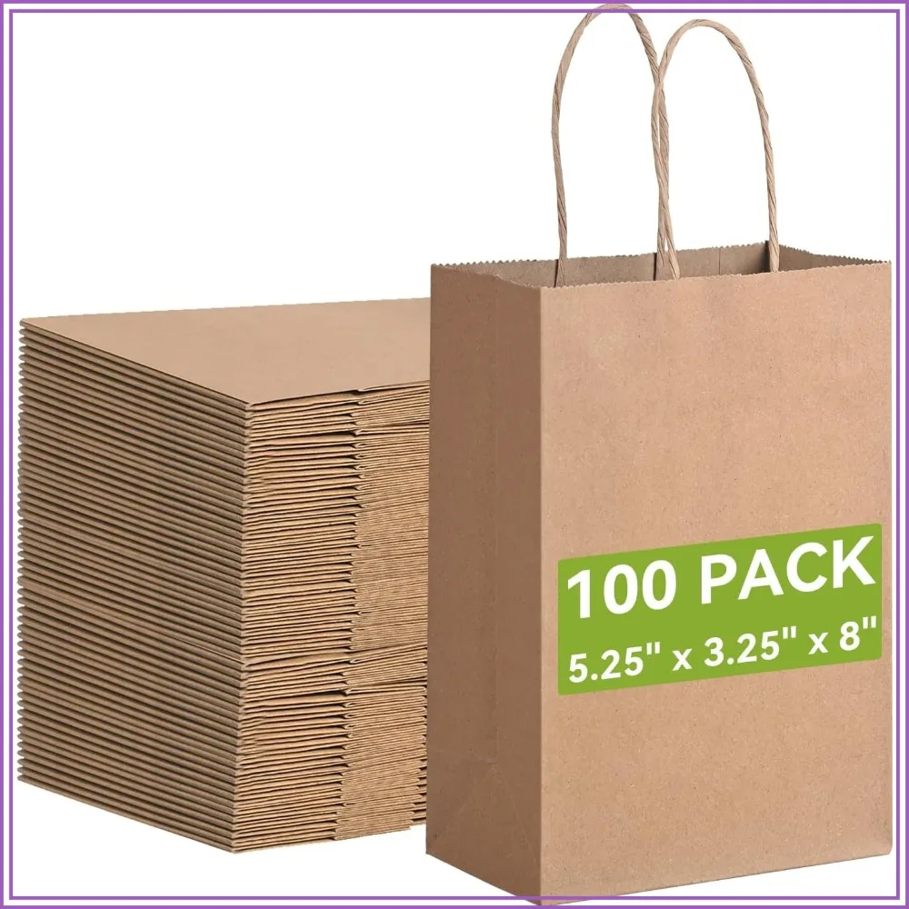 100 Pack Small Kraft Paper Gift Bags with Handles, 5.25 x 3.25 x 8 Inches, Brown, Bulk for Crafts, Shopping, Parties