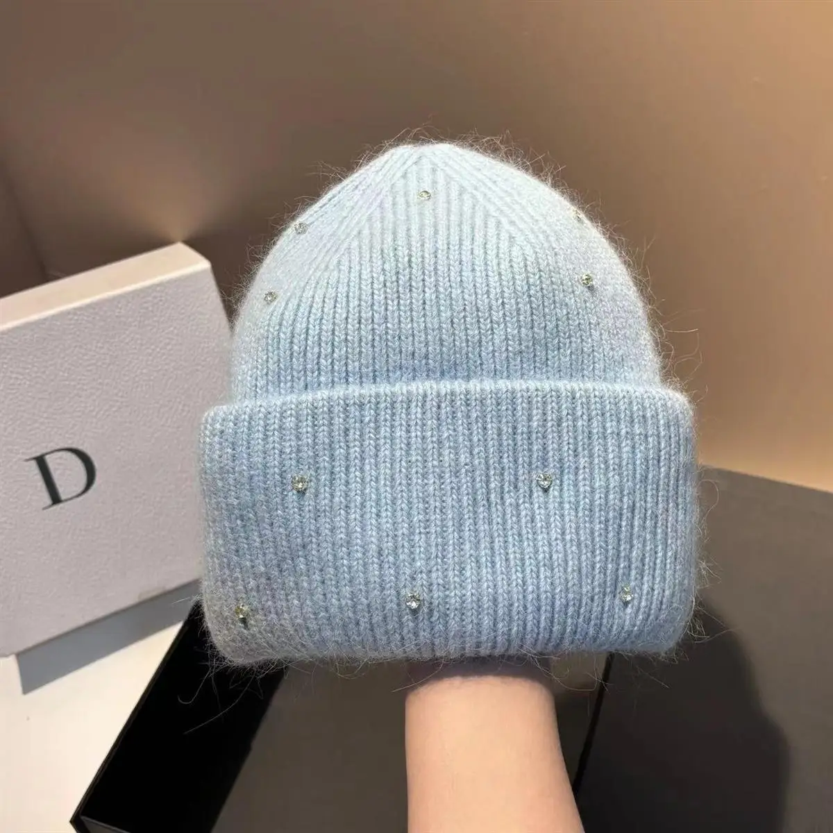 1 Stück Neue Winter-Strickmütze mit Strass, Modische und Warme Kaninchenfell-Ohrenschutzmütze, Doppelt Gefaltete Mütze – Detail 7