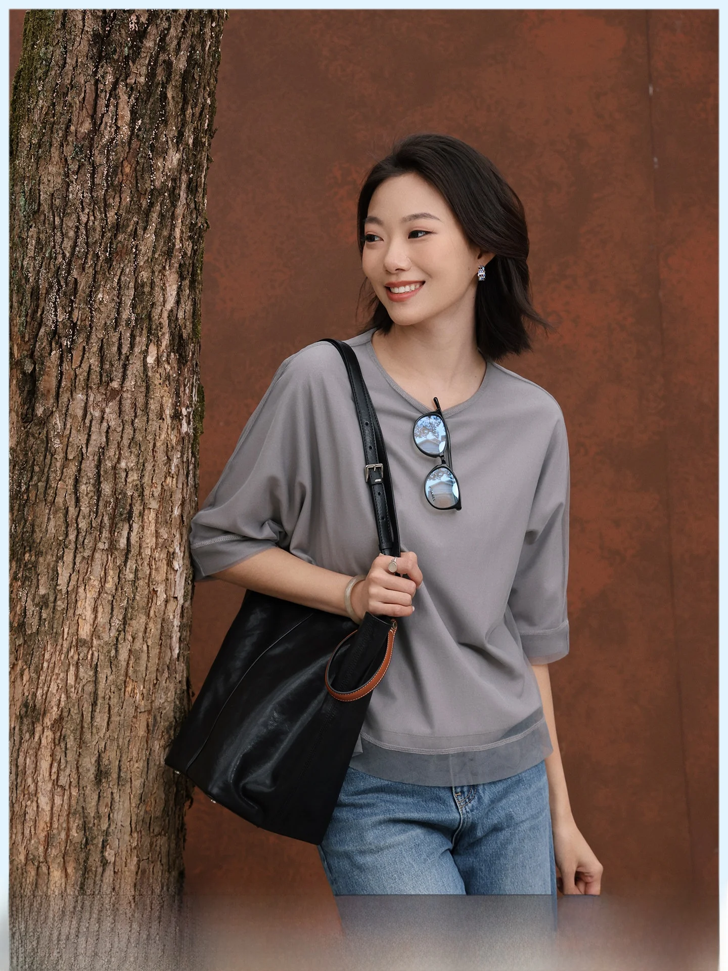 

Gray Double-Sided Wear Mesh Short Sleeve T-Shirt Women's Summer New Style Five-Quarter Sleeve Slimming Half Sleeve Top