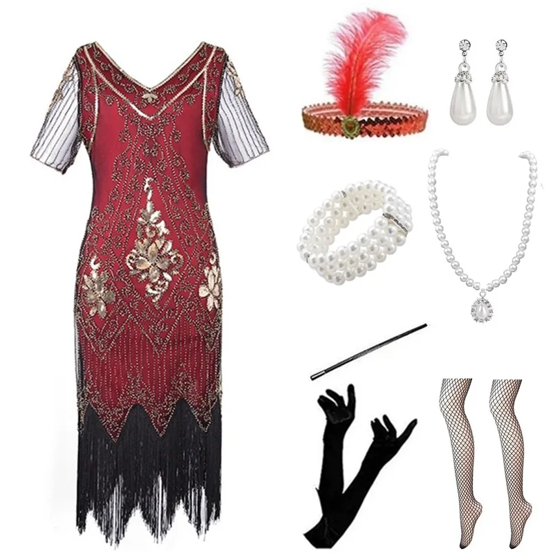 ชุดราตรี Loween 920S แบบ Gatsby ประดับเลื่อมและพู่ห้อย สไตล์เรโทร คอวี หรือแบบ Sve Ball Gown สำหรับงานเฉลิมฉลอง