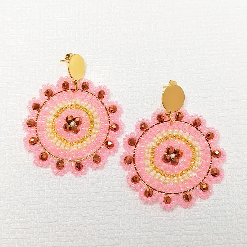 

Beaded earrings Roundness Originality Sunflower Geometry Crystal Hand knitting Bohemia Alloy Tide Simple Rice bead earrings