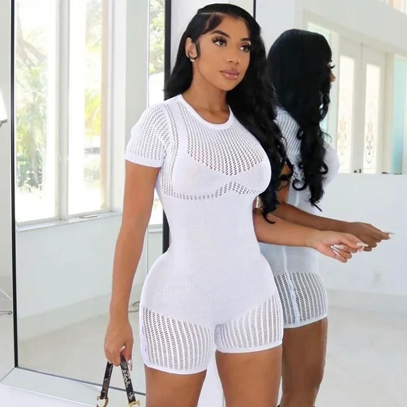 

Solid Knitted Short Sleeve Zip Up Sexy Bodycon Skinny One Piece Playsuit 2023 Summer Fashion Streetwear Sport Romper