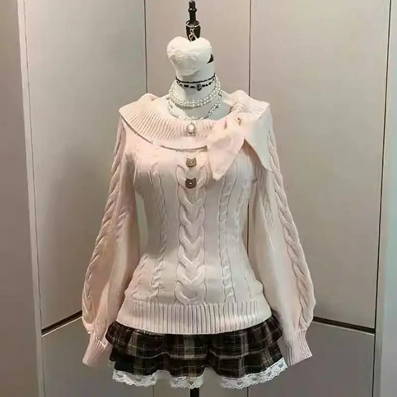 

Японский кавайный вязаный свитер, женский повседневный тонкий Y2k, одежда с длинным рукавом, тонкий милый пуловер с длинными рукавами, женский винтажный шик