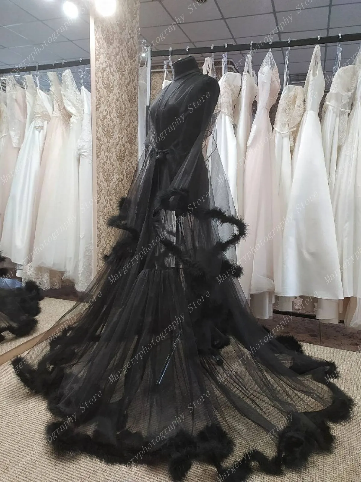 Sexy Black Feathers Tulle Robes For Photo Shoot Maternity Dress Long Sleeves See Thru Illusion Women Pregnancy Gowns 2024