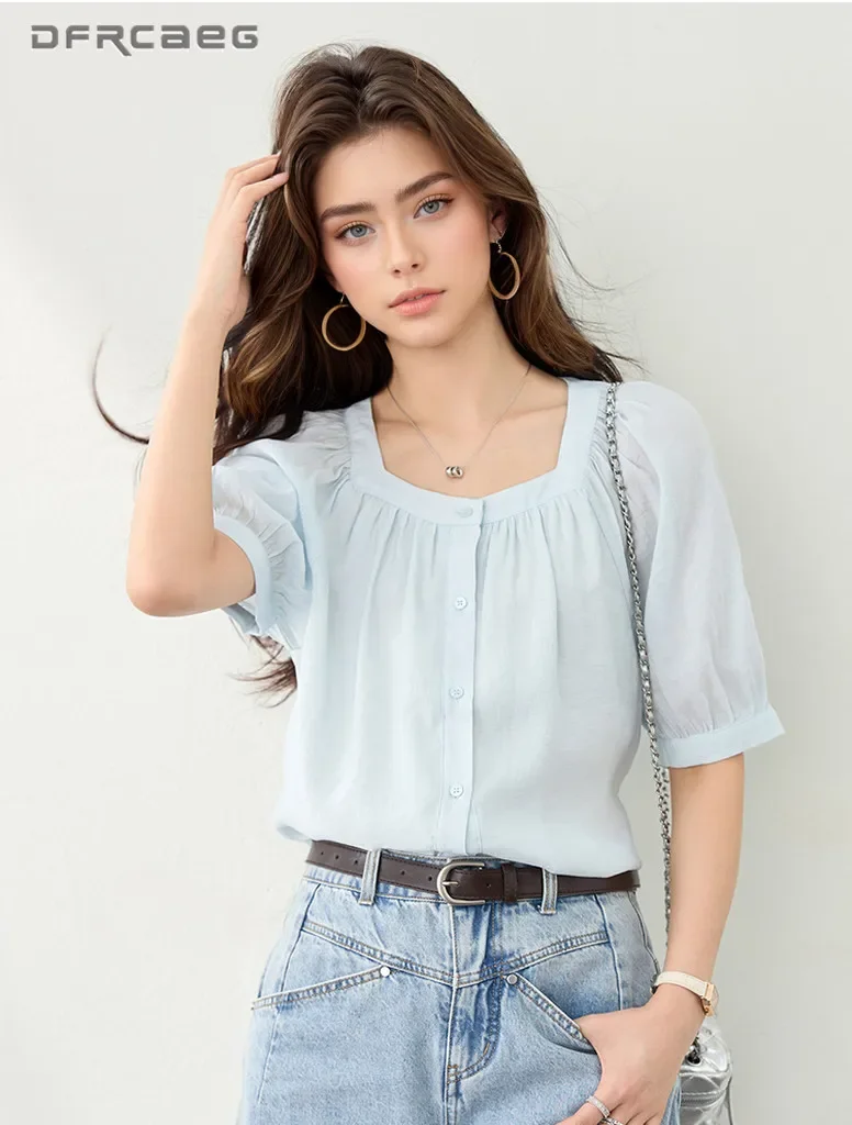 

Pop Korean Style Square Collar Chiffon Blouses For Women Summer Casual Short Sleeve Chic Thin Shirt Top Female
