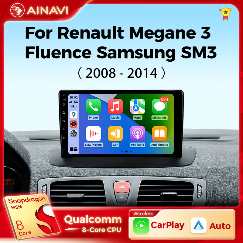 Ainavi Car Radio Multimedia Play For Renault Megane 3 Fluence Samsung SM3 2008 - 2014 Android 12
