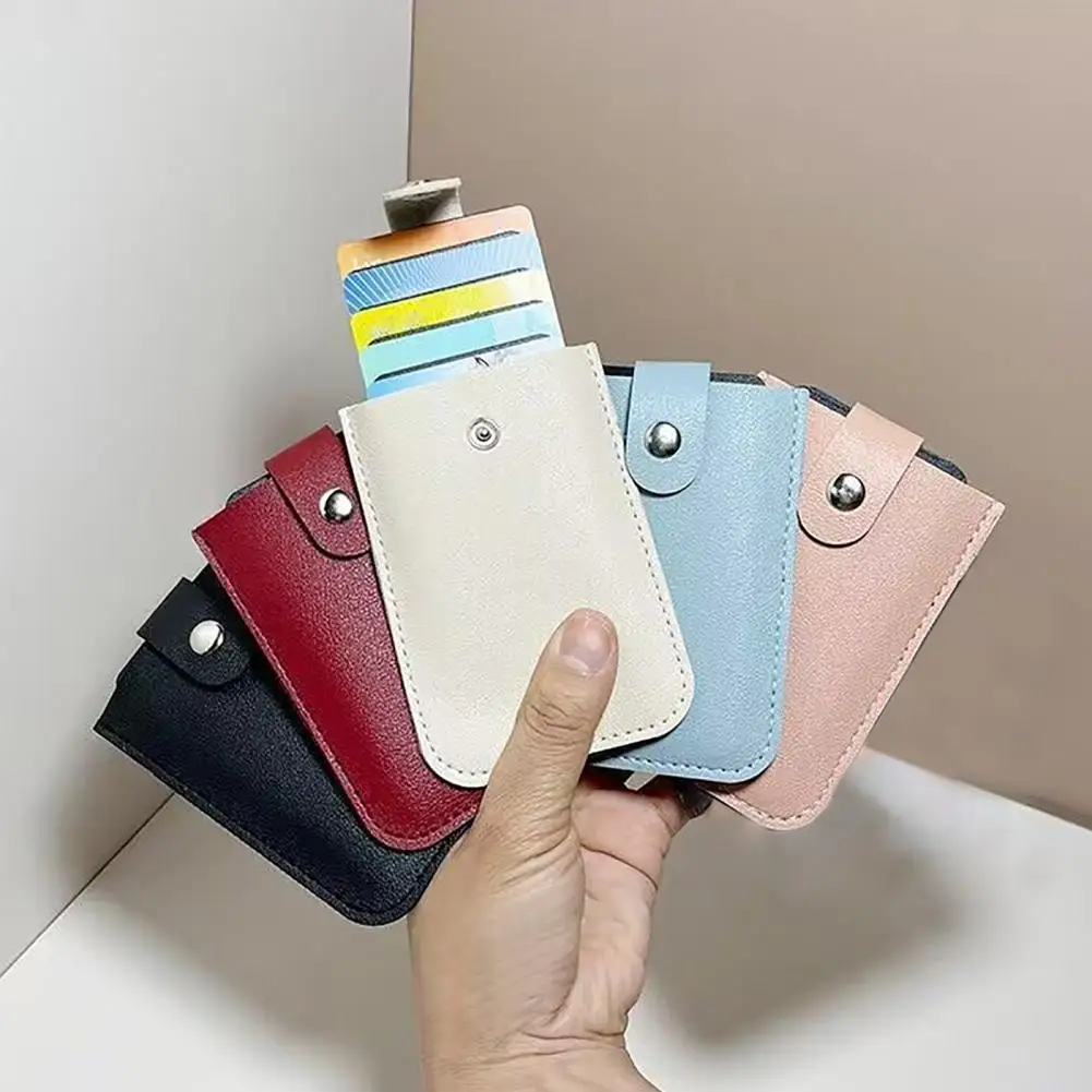 Leather Card Holder Pull-out 6 Slots Bank Card Organizer Button Slim Minimalist Business Card Bank Organizer Compact Storage Bag