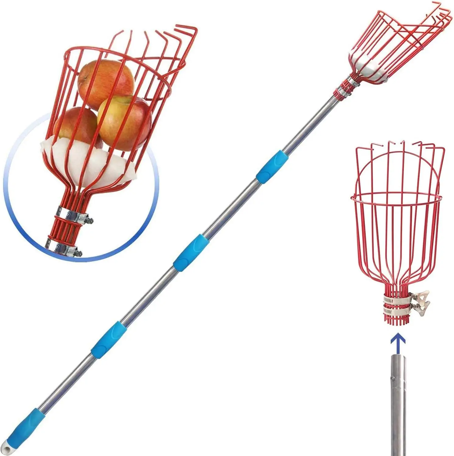 

5FT Fruit Picker Tool with Basket & Adjustable Stainless Steel Pole, Lightweight Fruit Grabber for Apple Mango Avocado Orange
