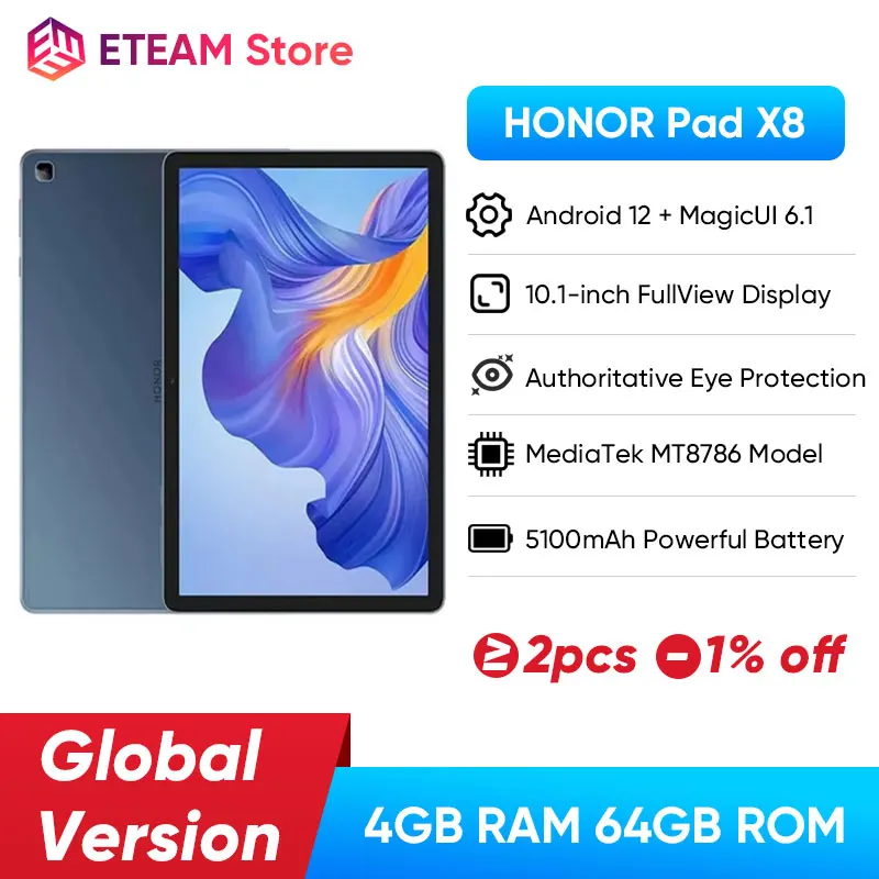 Global Version HONOR Pad X8 10.1'' HD Large Screen Octa-core MTK8786 Eye Protection Ultra-slim Tablet Android 12 WiFi & 4G LTE