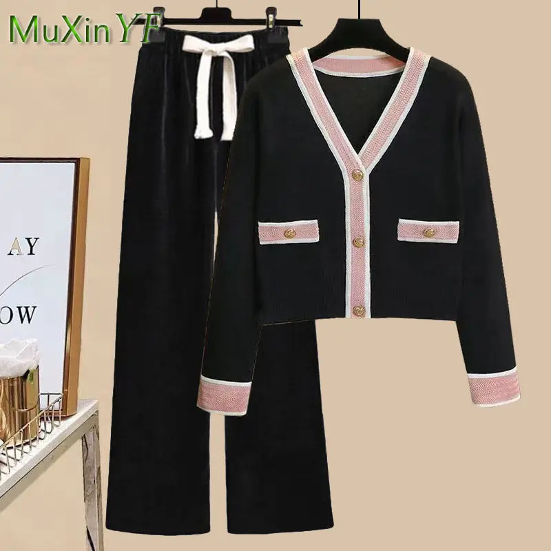 2023 Spring Autumn New in Matching Set Women's Fashion Short Knit Shirt+Wide Leg Pants Two Piece Korean Elegant Pendant Sets