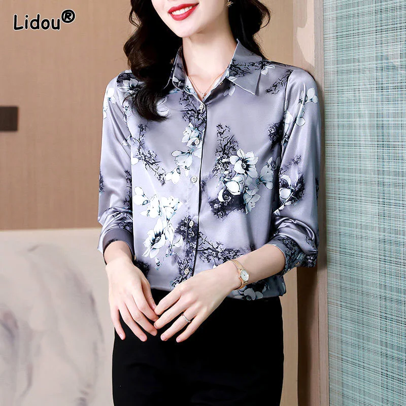 Premium Satin Print Women Shirt Turn-down Collar Skin Friendly Single Breasted Women's Clothing Silk Floral Chinese Style Retro