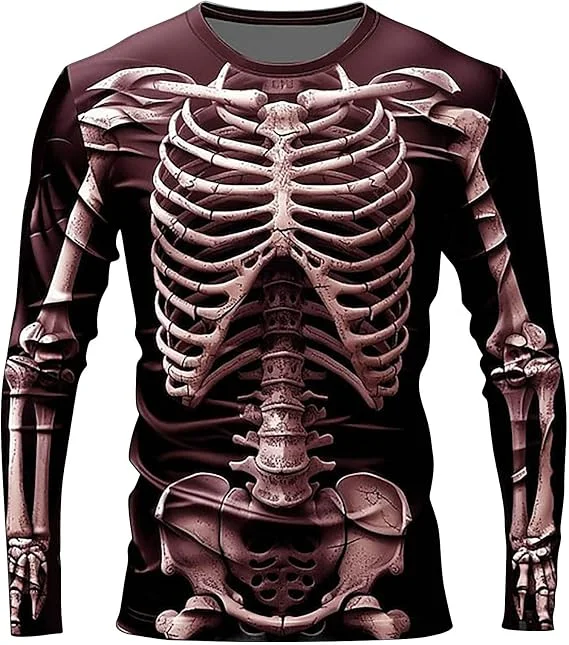2026 Halloween 3D Skeleton Print Long Sleeve T-Shirt Breathable Quick Dry Sports Jersey Casual Athletic Riding Top Streetwear