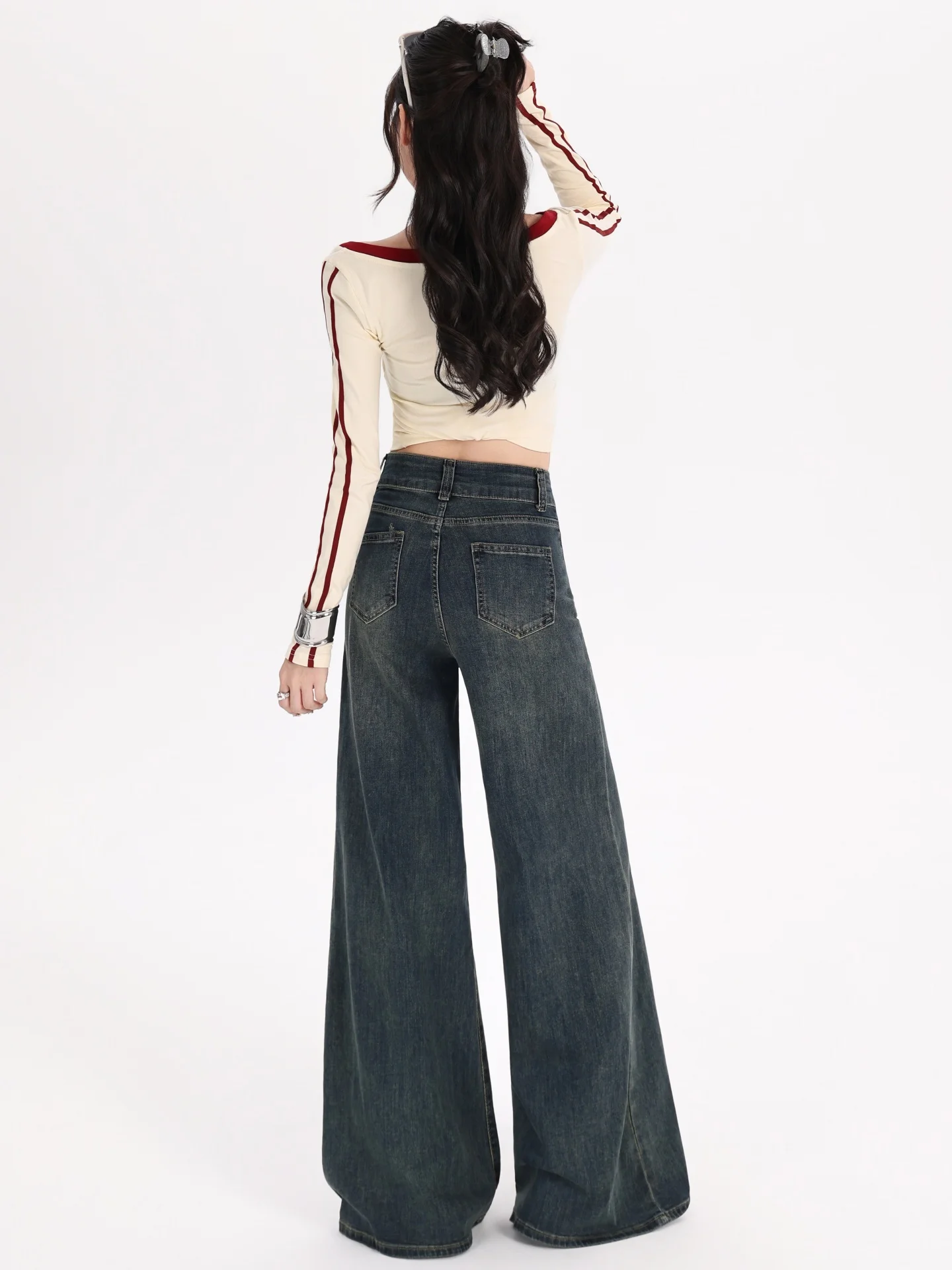 بنطلون جينز نسائي واسع الساق بخصر مرتفع على الطراز الرجعي، موديل جديد للخريف والشتاء، مبطن بالصوف، مقاس كبير، فضفاض ومستقيم و... #5