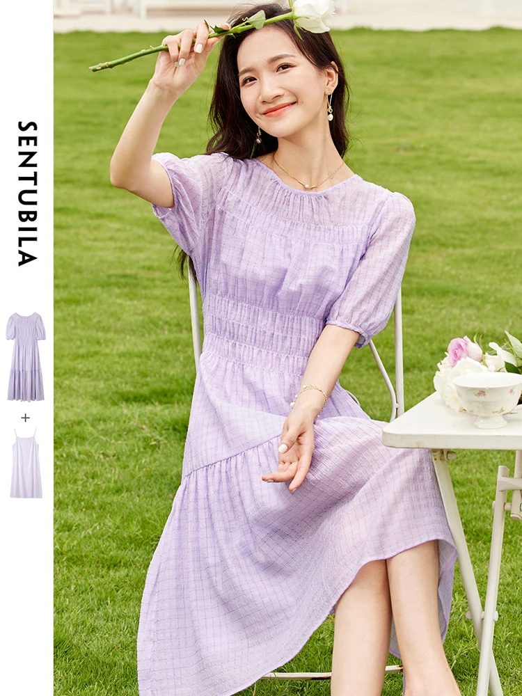 SENTUBILA Vintage Elegant Purple Midi Tierred Dress for Women 2024 Summer Fashion O Neck Short Puff Sleeve A Line Slim Dresses