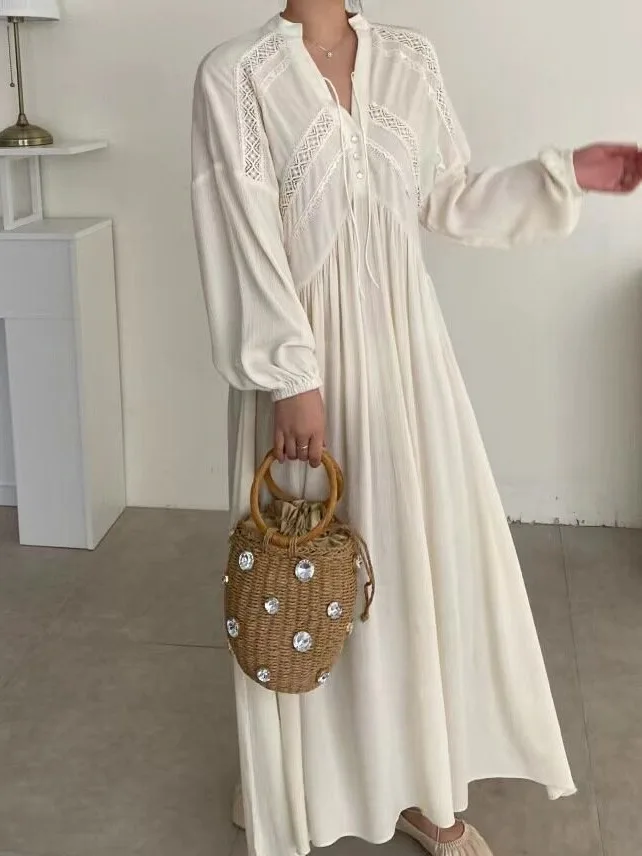 Elegant Lace Trim Splice Midi Dress Korean Style Floral Print Regular Fit Casual Dress for Spring Summer Autumn