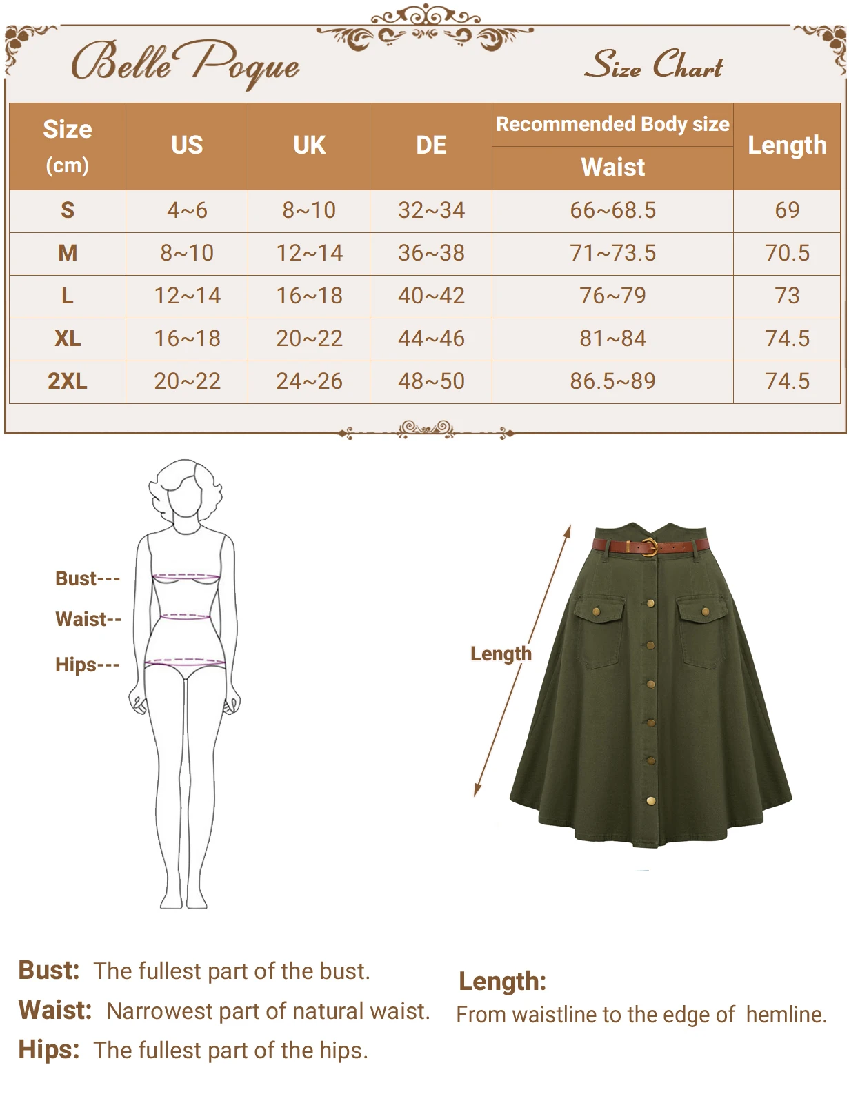 Belle Poque Women's Vintage Stretch High Waist A-Line Flared Midi Skirts With Pockets & Belts Elegant Button-up Jean Skirt A30