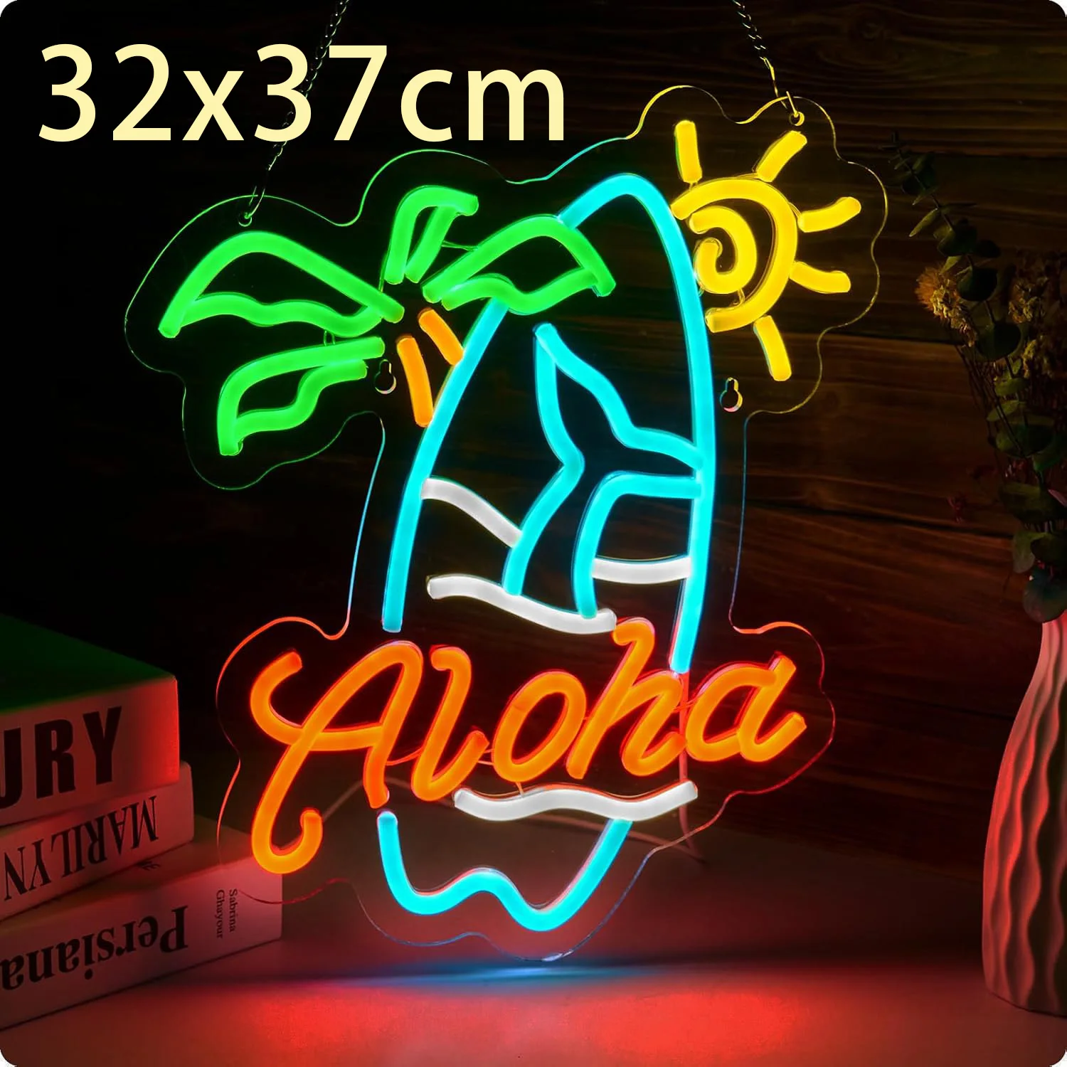 코코넛 나무 돌고래 네온 사인 로고 벽 장식 열대 하와이 태양 파도 파인애플 하와이 파티 티키 바 해변 파티 생일