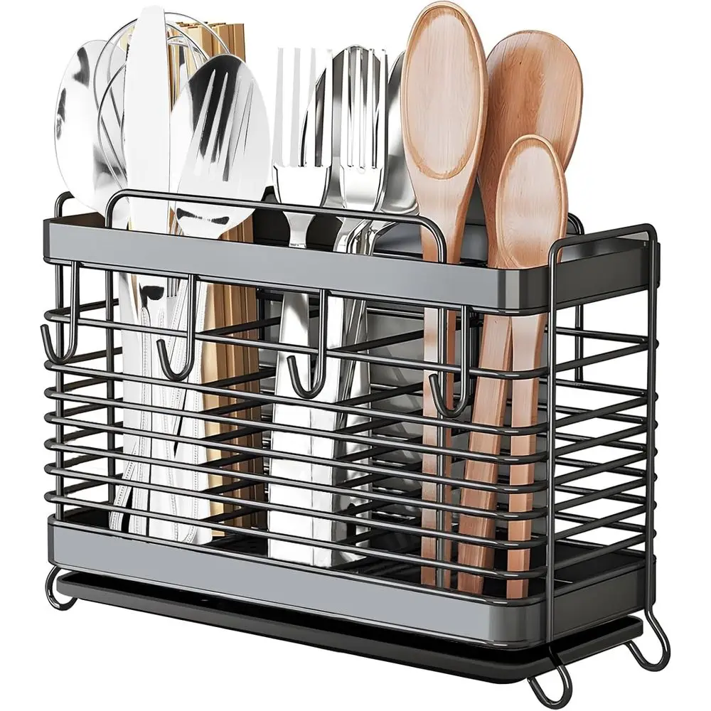 Kitchen Utensil Drying Rack with Drain Tray | Stainless Steel, 3 Compartment, Counter Organizer for Silverware, Cutlery, Forks,