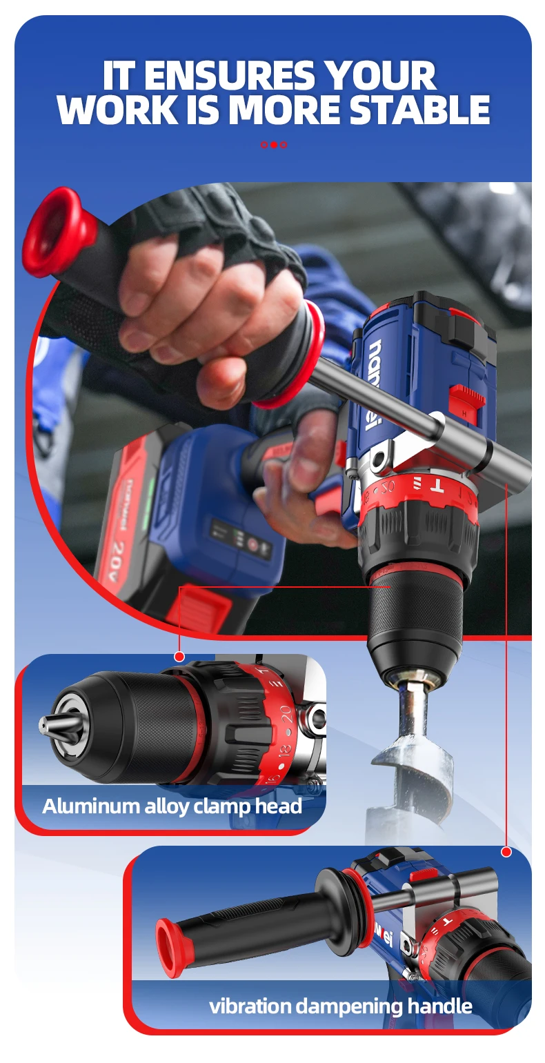 Brushless Cordless Impact Drill NANWEI Cordless 20v 13mm Ice Drill Power Tool 160NM High Torque