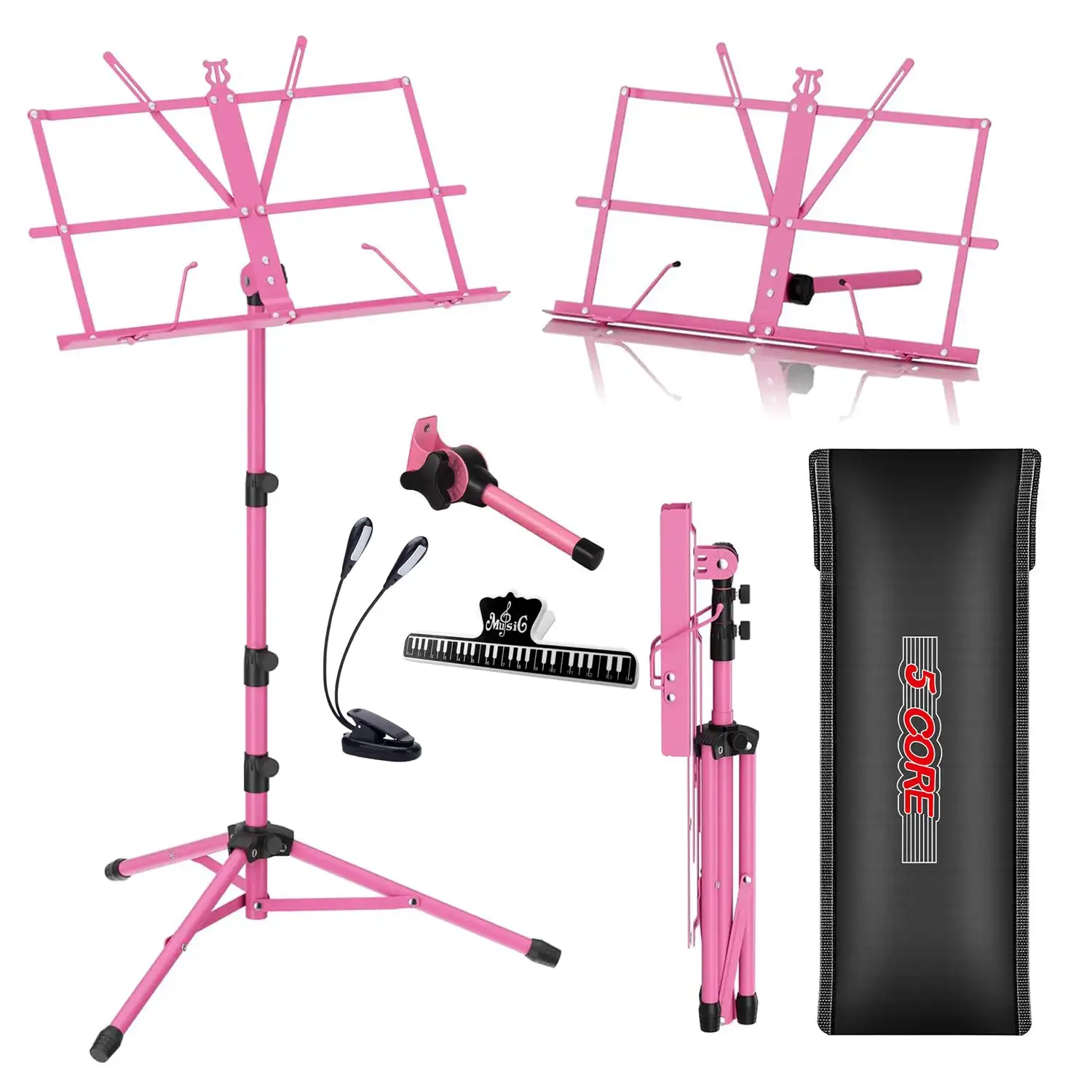 

5 Core Sheet Music Stand 2in1 Dual Use Portable Adjustable 28-67 Inch Folding Music Note Holder MUS FLD 4S PNK WLGT