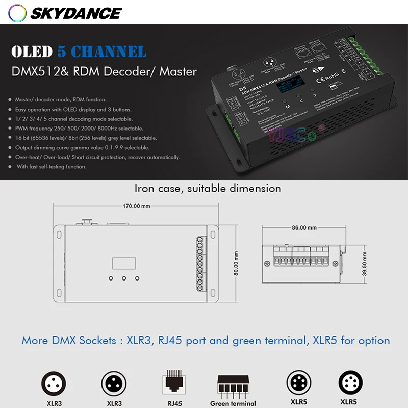 12V-24V DC 6A*5Ch DMX 512 LED Controller RBGWC RDM Decoder For RGB+CCT LED Strip Tape XLR3 RJ45 OLED Display 4- PWM RDM 8/16 bit