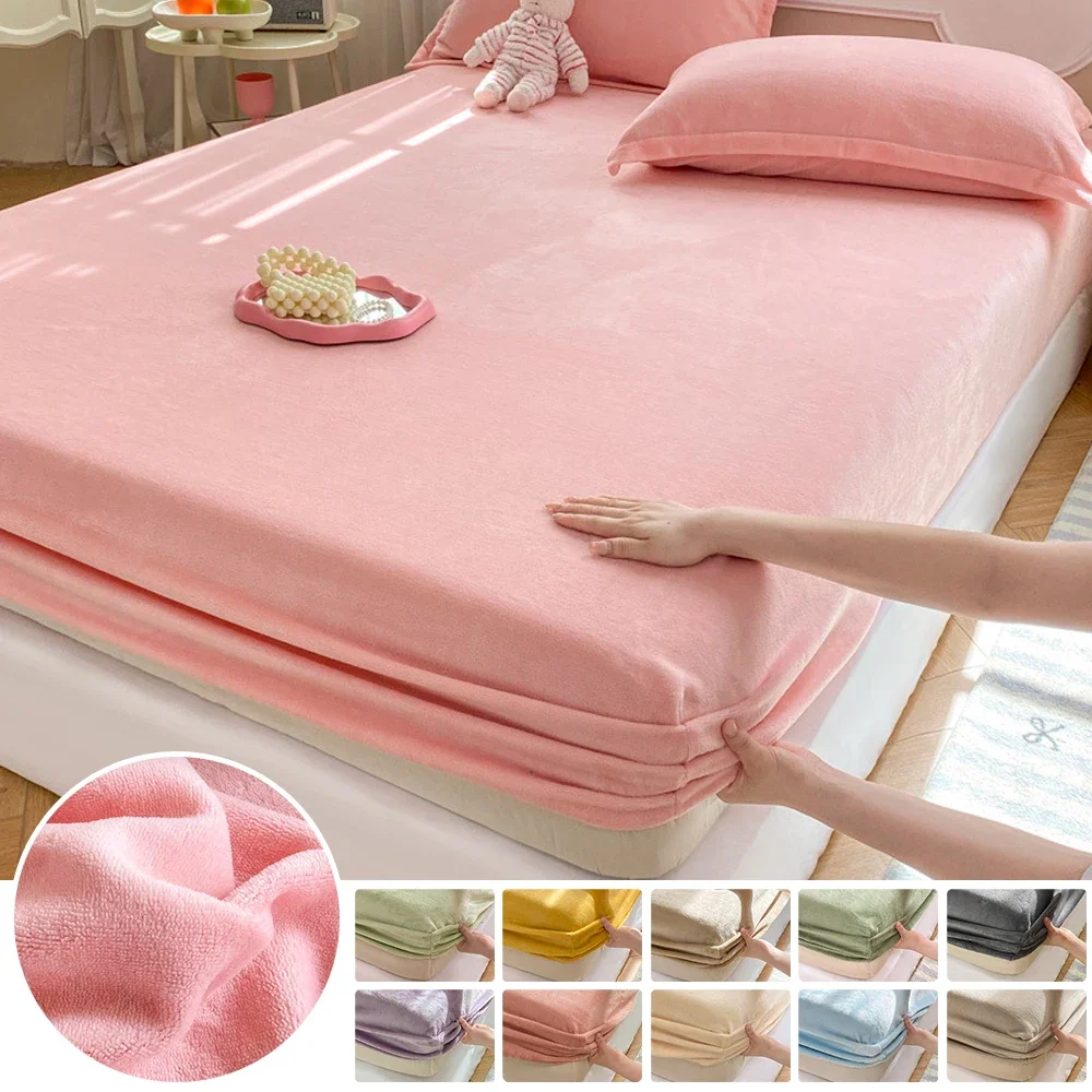 

Warm and Thick Elastic Fitted Sheets Simple Solid Color Winter Thick Milk Velvet Mattress Soft All-inclusive Bedspread for Bed