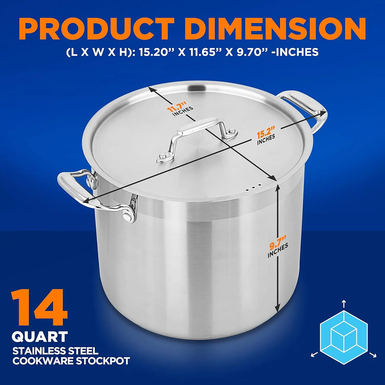 14 Quart Stock Pot with Lid - Heavy Duty Stainless Steel, Induction Ready, Ergonomic Handles