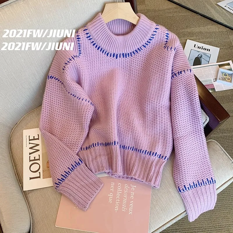 

Fashion Nine Neon Purple Crew Neck Sweater For Women 2024 Autumn And Winter New Design Sense Of Niche Loose Short Sweater Tops