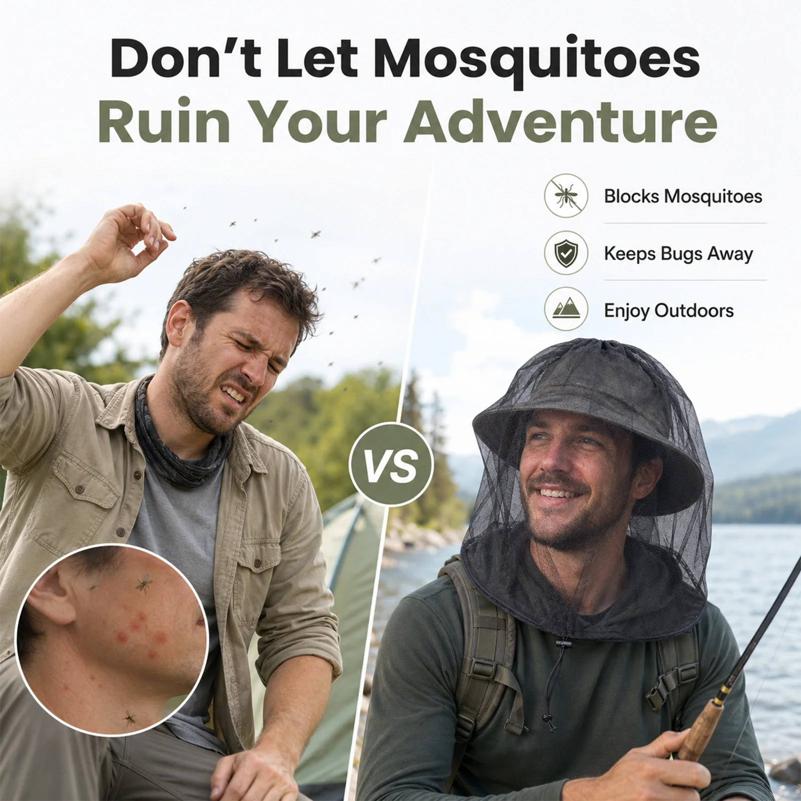 9KM Mosquito Head Net Breathable Bug Protection for Outdoor 2Pcs Mosquito Net with Adjustable Drawstring for Hiking Fishing