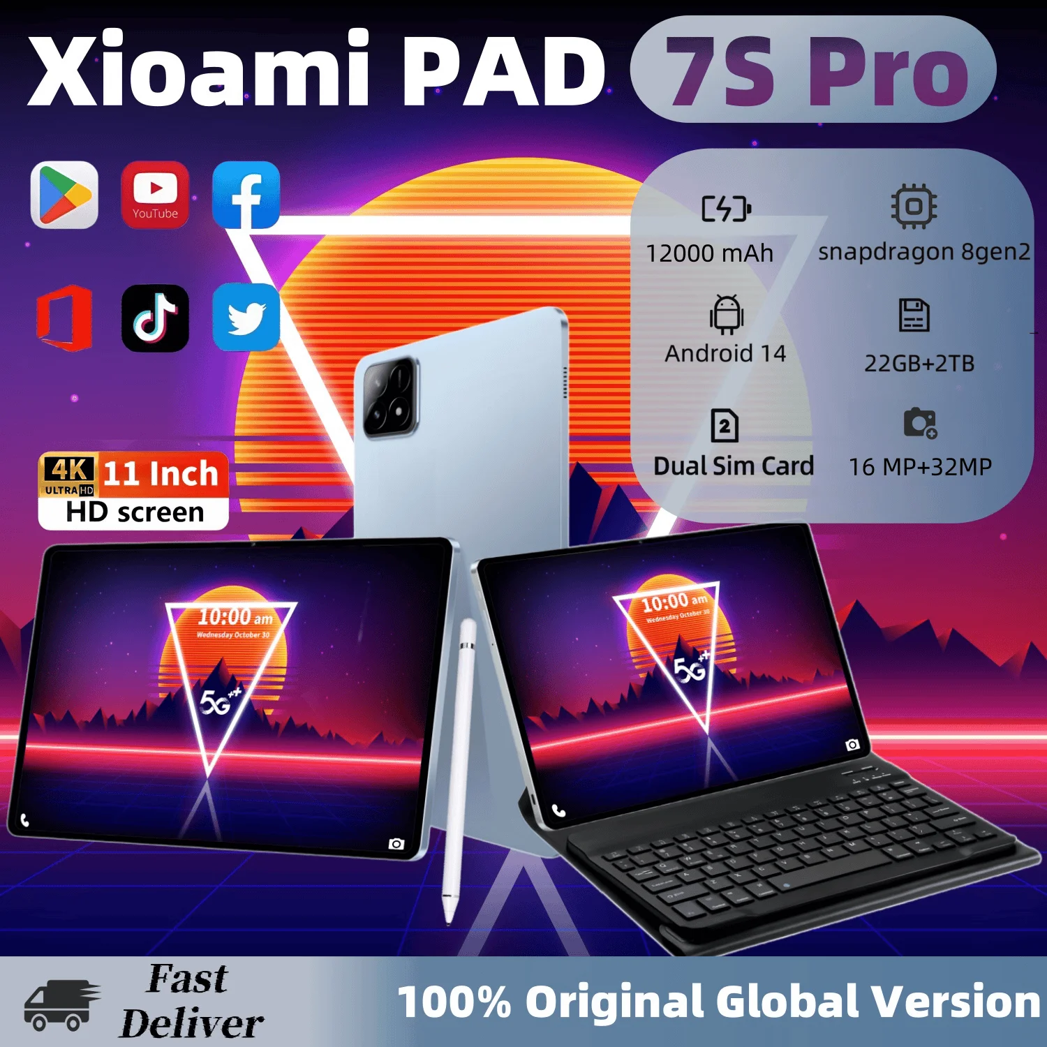 2025 Global Version Original PAD 7S PRO 12000mAh Android 14 Snapdragon 8gen2 Tablet 22GB+2T 11 Inch 5G Dual SIM WiFi Tablets PC