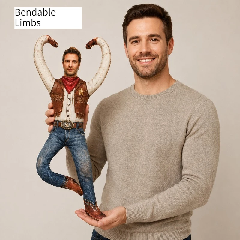 Bendable Limbs Custom Photo Doll Cowboy Mini Me Posable Figure Removable Washable Gift Desk Wall Decor,Personalized Funny Doll