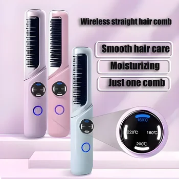 Image 2000mAh Cordless Hair Straightener Brush Electric Hair Smoothing Brush Beard Straightener for Men Rechargeable Heating Comb