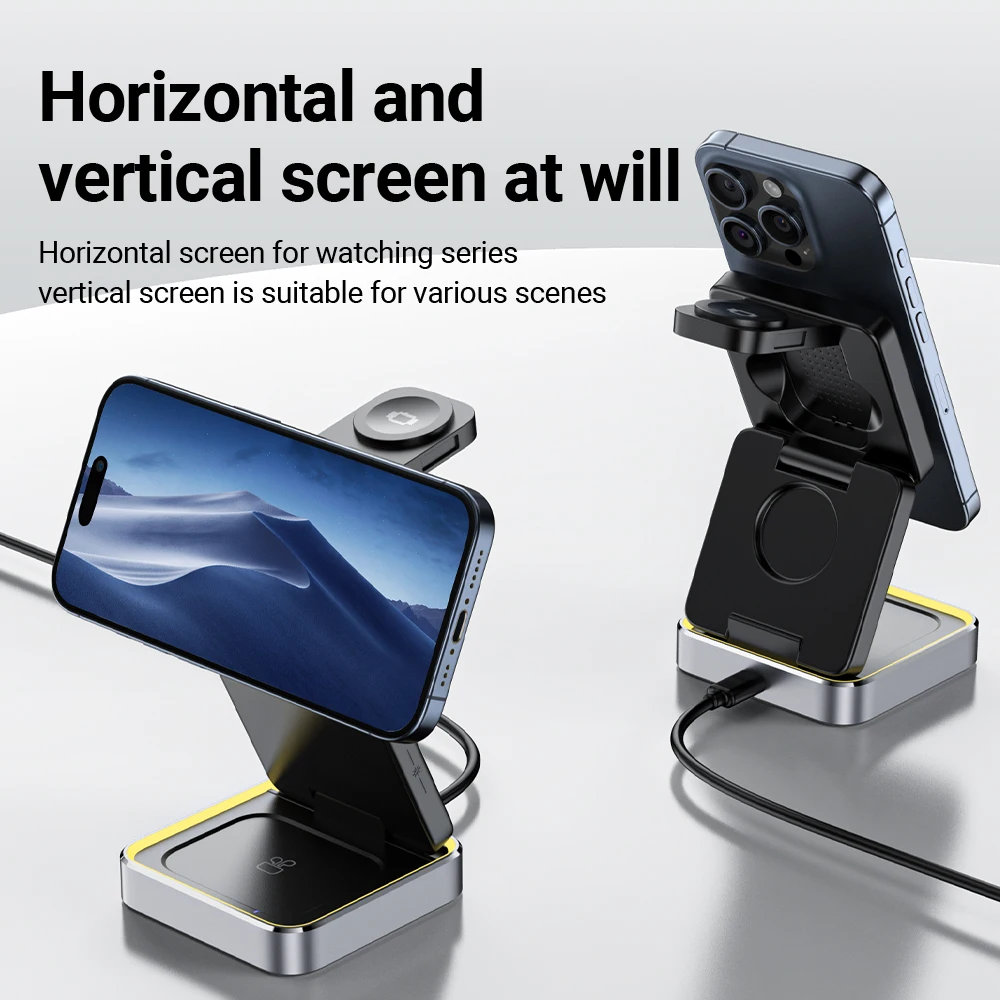 ACEFAST Aluminum Alloy 15W Wireless Magnetic Wireless Charging Holder For iPhone 16/15/14 Foldable 3 in 1 Charging Dock Station - Image 5