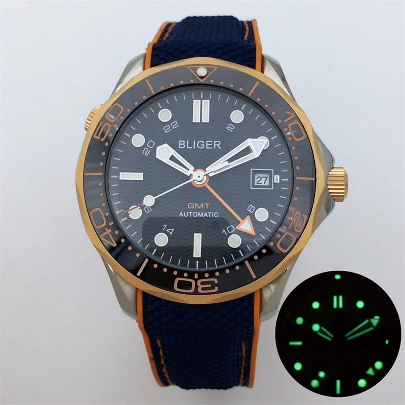 

41mm Bliger Blue Dial Men's Mechanical Wristwatches NH34GMT DG3804 Automatic Sapphire Glass Black Ceramic Bezel Screw Down Crown