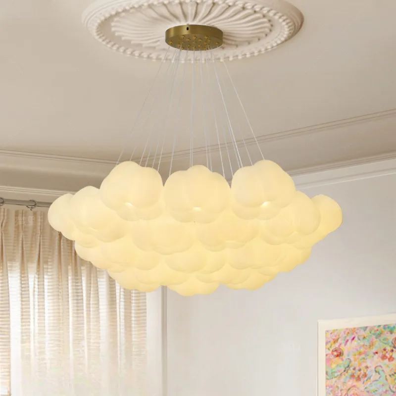 French Cream Style Living Room Bedroom Cotton Cloud Pendant Light Retro Restaurant Pumpkin Glass Light