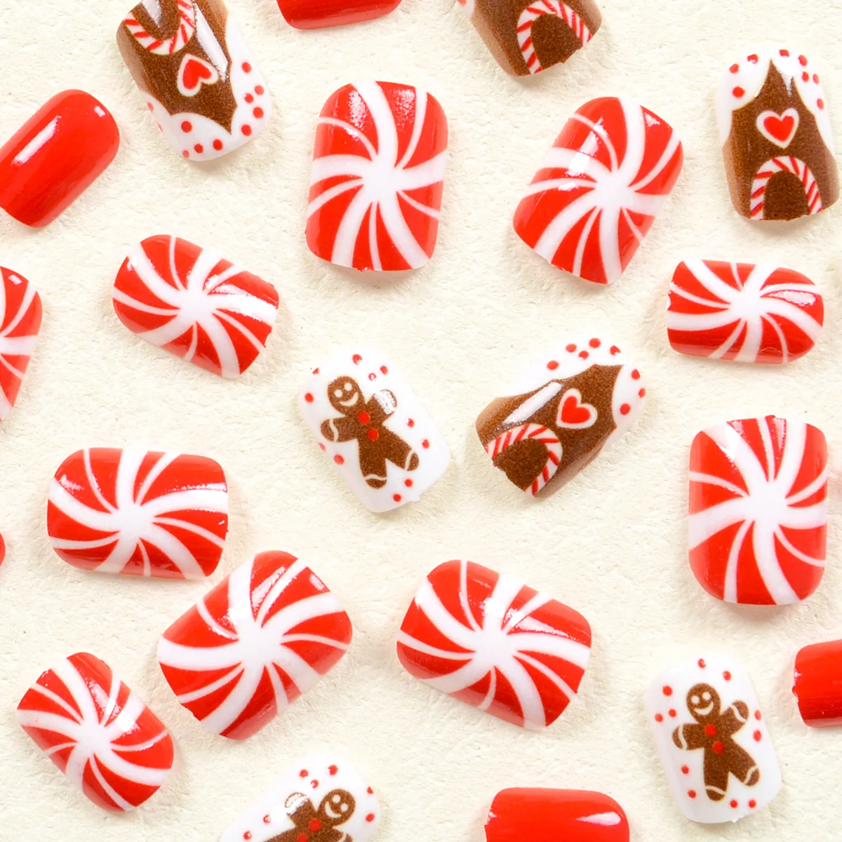 Christmas Short Oval Press-On Nails Set Cute Gingerbread&Candy Cane Design Perfect for  Women&Grils Party&Holiday Nail Tips Wear