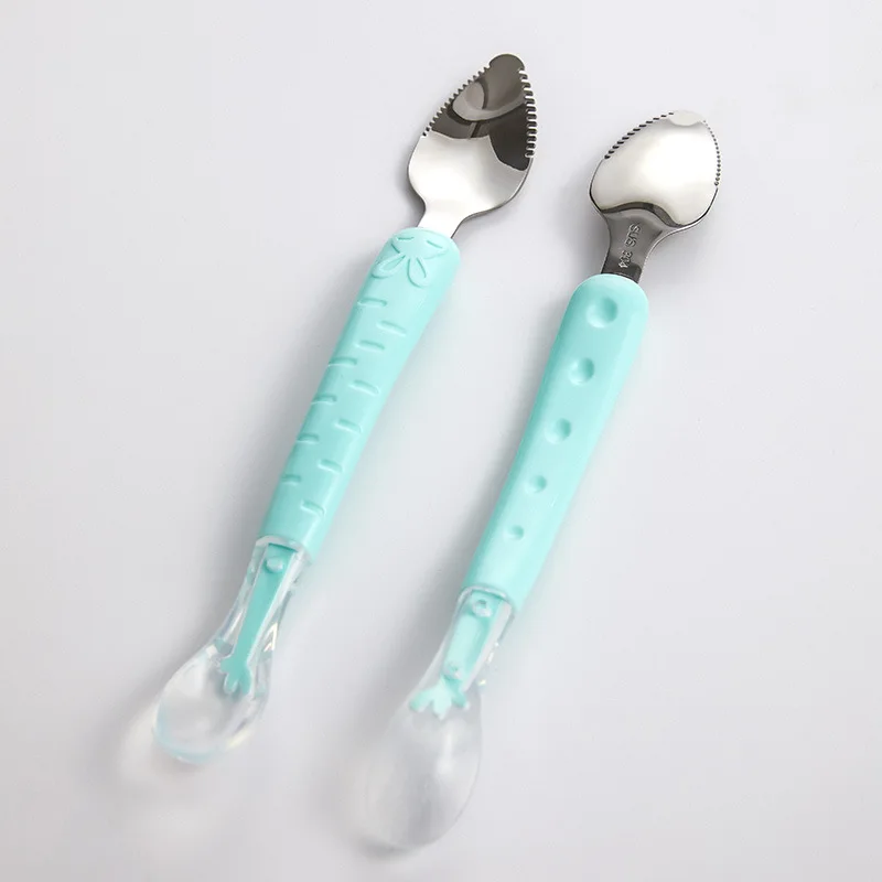 Baby Double Head Mud Scraping Silicone Soft Spoon Stainless Steel Digging Fruit Mud Spoon Feeding Complementary Food Spoon