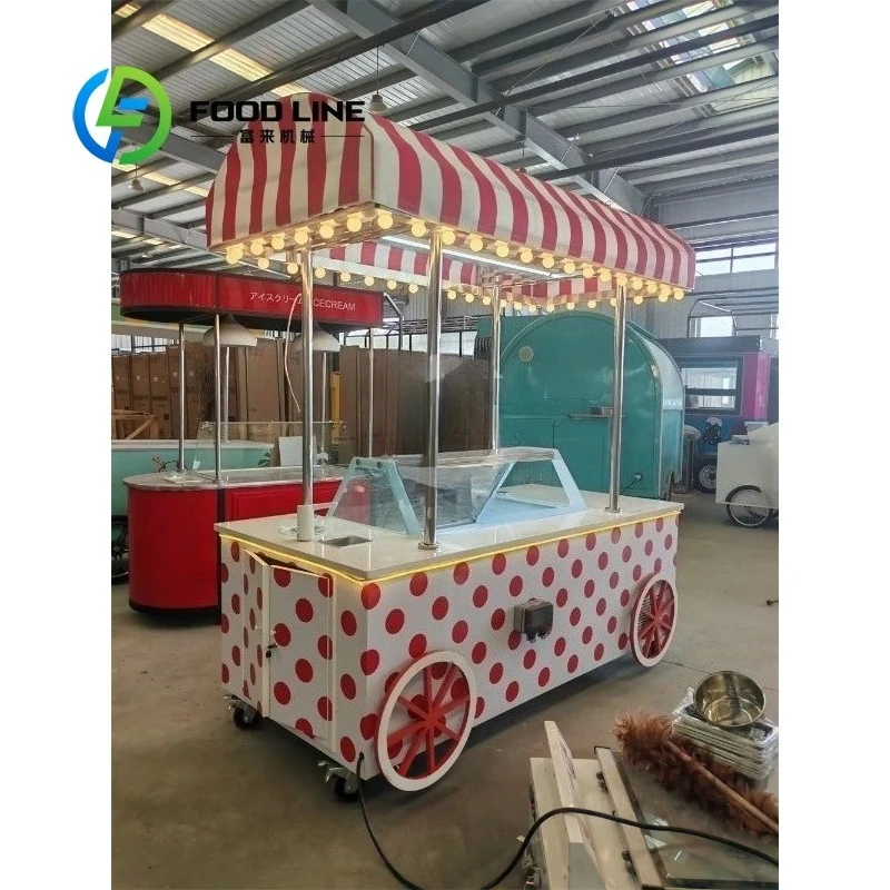 Customized Design Hand Push Mobile Food Cart Stainless Steel Street Ice Cream Vending Trailer For Commercial Snack Retail