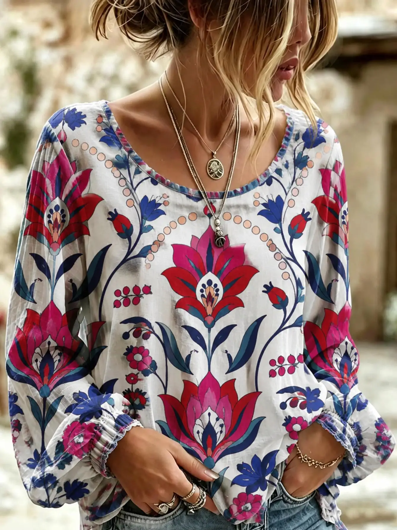 Blusa de talla grande para mujer, estampado floral 3D, manga larga, corte holgado, estilo casual boho.