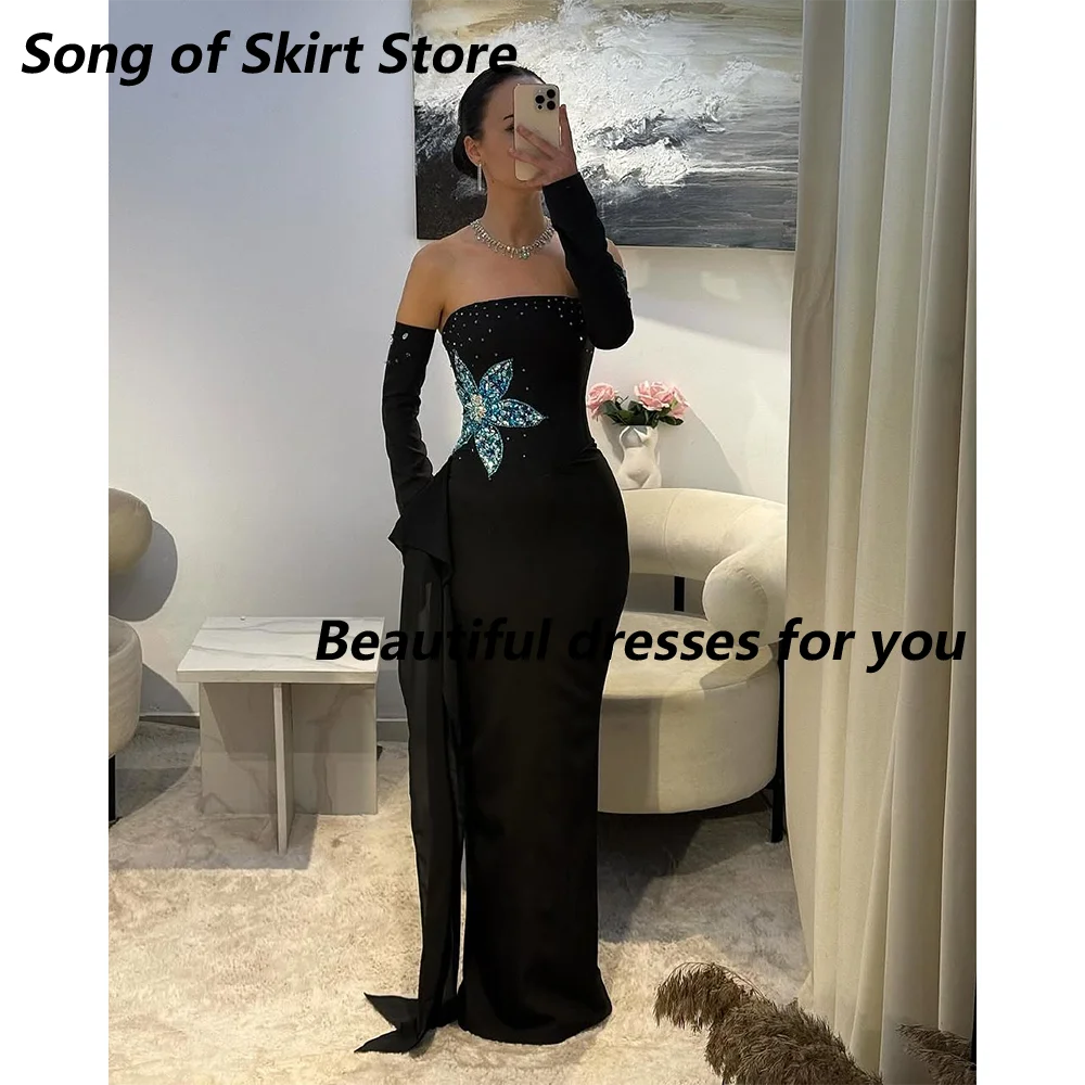 

Black Evening Dress Customized Strapless Flower Crystals Floor Length Sheath Cocktail Party Gown Prom Dresses 2025