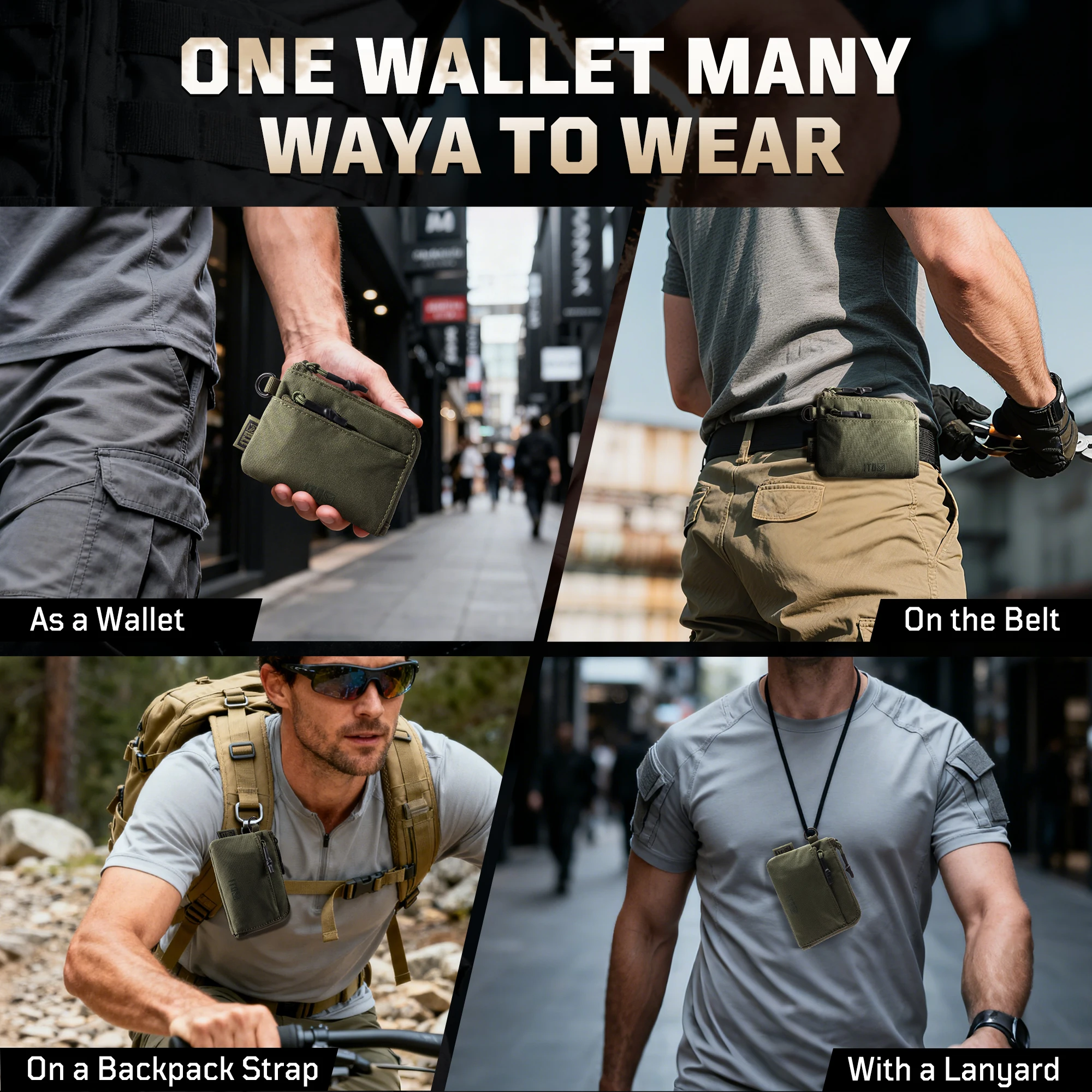 Bolsa de moedas tática 1tg, carteira minimalista 500d, porta-cartão de identificação, bolsa de dinheiro, bolsa tática com zíper ykk