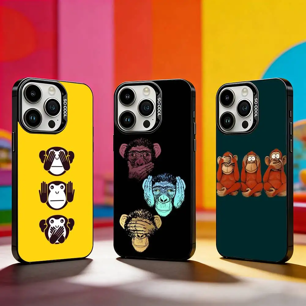 Three CUTE W-Wooley Monkeys Phone Case For iPhone 17,16,15,14,13,12,11 Plus,Pro Max,XS,Colored silver phone case